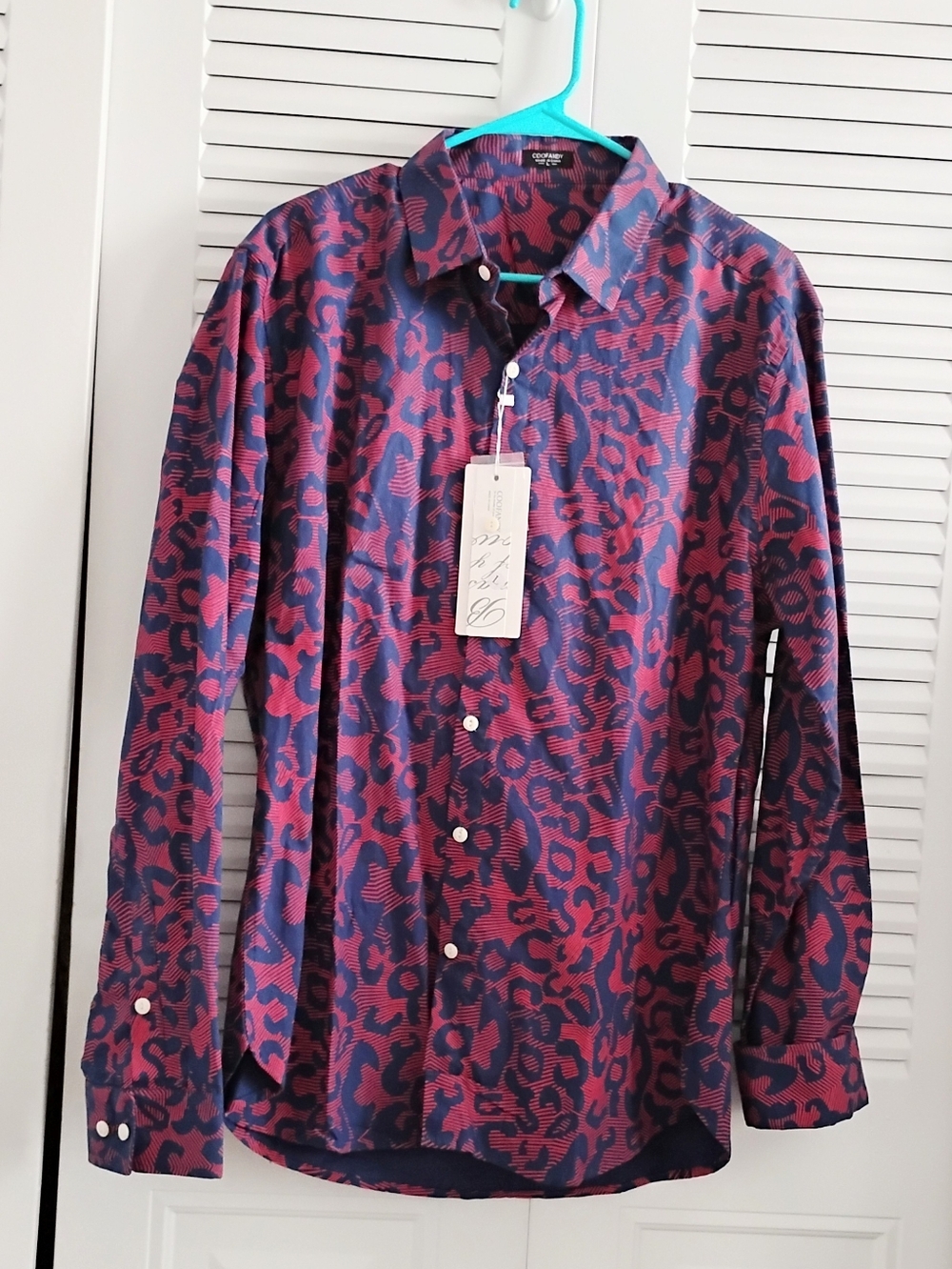 New Fun Casual Men's Long-Sleeve Button Shirt in Burgundy & Navy